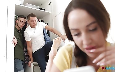 Two men blocking in the closet finally get out and fuck go off convenient a tangent pulling babe